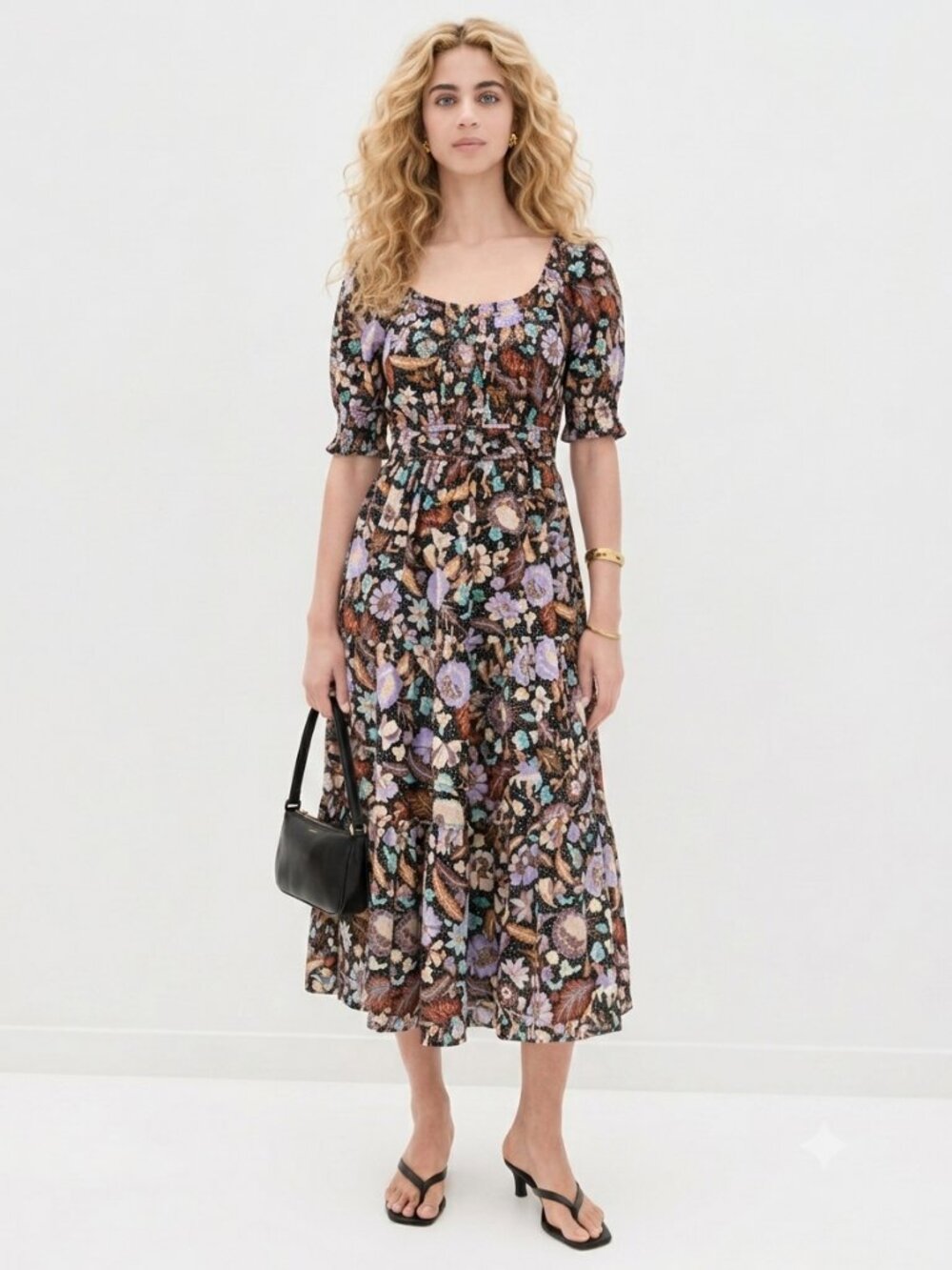 Ann Taylor Batik Floral Midi  Dress 4 Tiered Flare Smoked